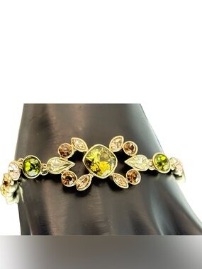 Vintage Givenchy Gold Tone Statement Bracelet Green & Amber Crystals Mixed Cuts